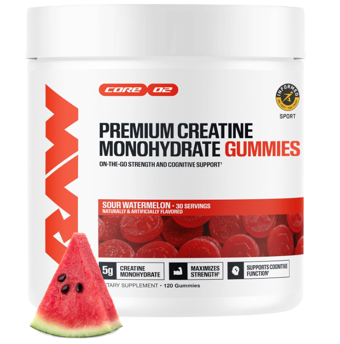 RAW Nutrition Creatine Gummies Watermelon flavor front label showcasing creatine gummies designed to support strength, power output, and athletic performance.