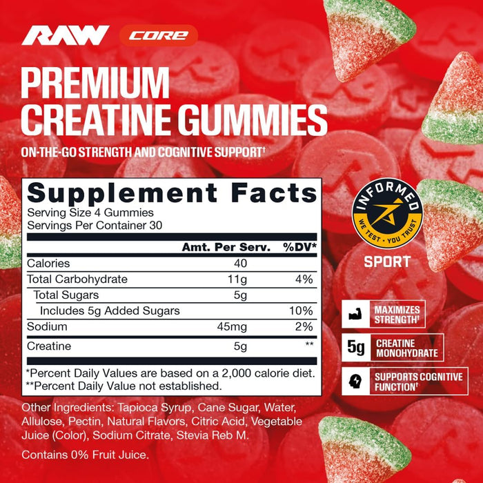 RAW Nutrition Creatine Gummies Watermelon flavor supplement facts panel with nutrition information, ingredients, serving details, and creatine supplementation facts.