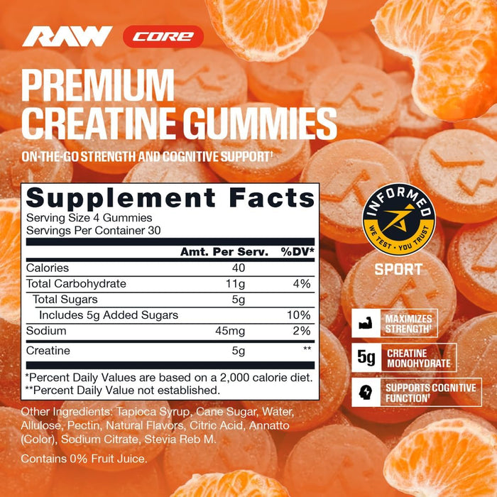 RAW Nutrition Creatine Gummies Tangerine flavor supplement facts panel displaying serving size, ingredients, nutrition information, and creatine content.