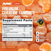 RAW Nutrition Creatine Gummies Tangerine flavor supplement facts panel displaying serving size, ingredients, nutrition information, and creatine content.