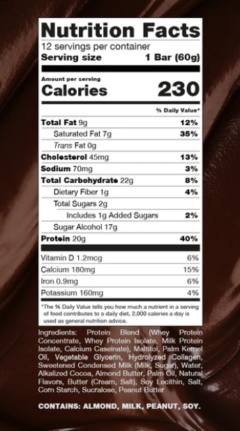 RAW Nutrition protein bar box 12 pack Double Fudge Brownie 20g protein per bar Supplement Facts