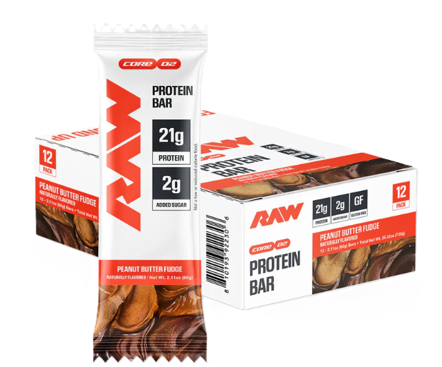 RAW Nutrition protein bar 20g protein Peanut Butter Fudge box and bar packaging