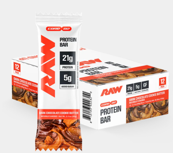 RAW Nutrition Protein Bar Dark Chocolate Cookie Butter 20g protein low sugar gluten free snack