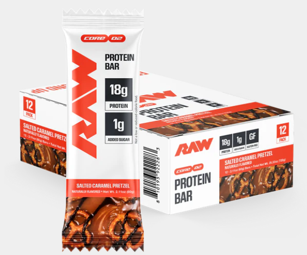 Salted Caramel Pretzel protein bar by RAW Nutrition with 20g protein and 1g sugar