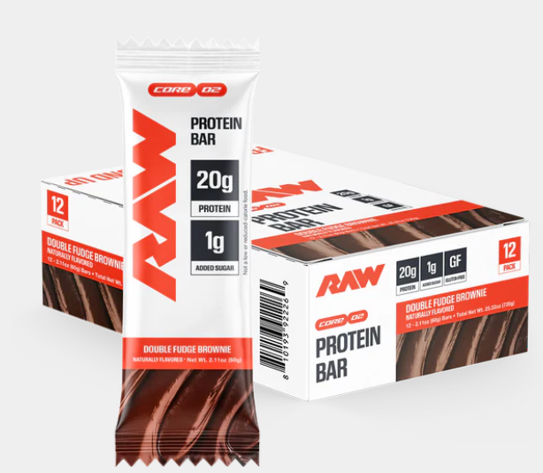 RAW Nutrition protein bar 20g protein Double Fudge Brownie box and bar packaging