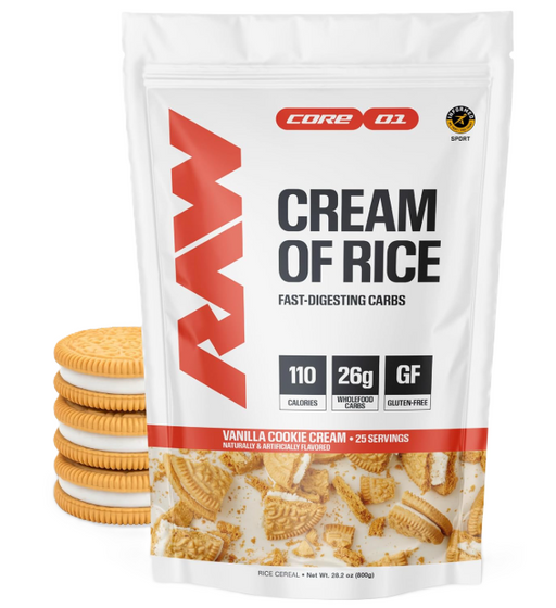 RAW Nutrition Cream of Rice Vanilla Cookie Cream front label featuring a fast-digesting carbohydrate source designed to support workout energy, performance, recovery, and muscle-building nutrition goals.