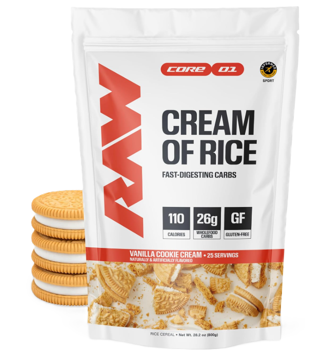 RAW Nutrition Cream of Rice Vanilla Cookie Cream front label featuring a fast-digesting carbohydrate source designed to support workout energy, performance, recovery, and muscle-building nutrition goals.