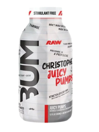 RAW Nutrition CBUM Pump RTD Christopher's Juicy Pumps single bottle featuring a ready-to-drink pump and performance support beverage with tropical fruit graphics including pineapple, green apple, and cherries.