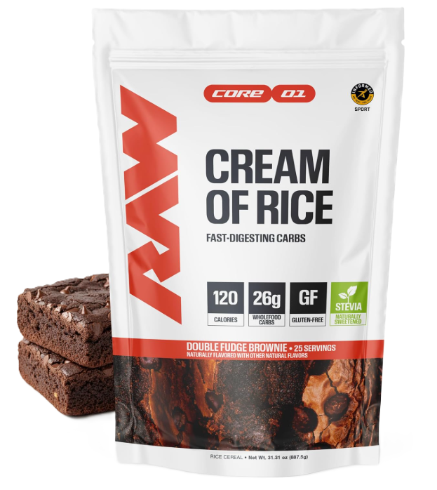 RAW Nutrition Cream of Rice Double Fudge Brownie front label showcasing a creamy rice cereal carbohydrate source for pre-workout energy, post-workout recovery, and daily performance nutrition.