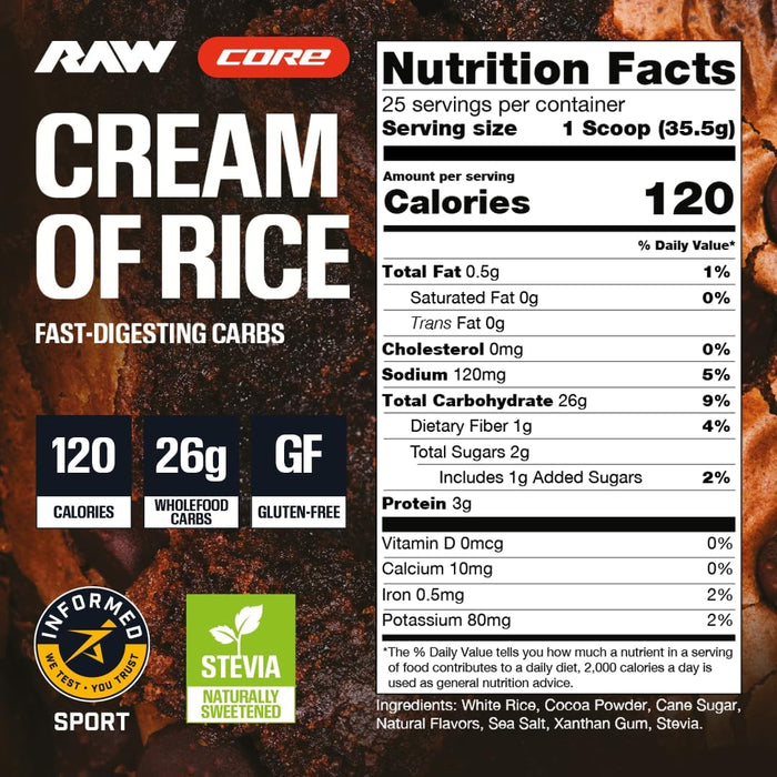 RAW Nutrition Cream of Rice Double Fudge Brownie supplement facts panel featuring nutrition facts, ingredient list, serving details, and preparation instructions.