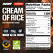 RAW Nutrition Cream of Rice Double Fudge Brownie supplement facts panel featuring nutrition facts, ingredient list, serving details, and preparation instructions.