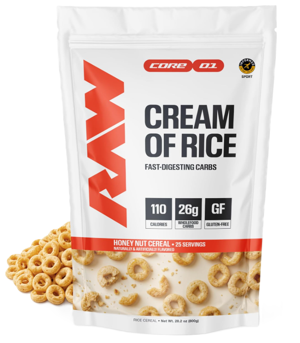 RAW Nutrition Cream of Rice Honey Nut Cereal front label featuring a delicious cream of rice formula designed to provide fast-digesting carbohydrates for athletes and fitness enthusiasts.