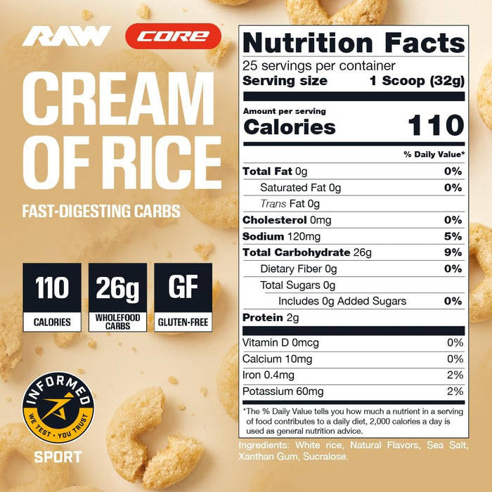 RAW Nutrition Cream of Rice Honey Nut Cereal supplement facts panel displaying nutrition information, ingredients, serving size, preparation directions, and carbohydrate content.