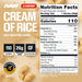 RAW Nutrition Cream of Rice Honey Nut Cereal supplement facts panel displaying nutrition information, ingredients, serving size, preparation directions, and carbohydrate content.