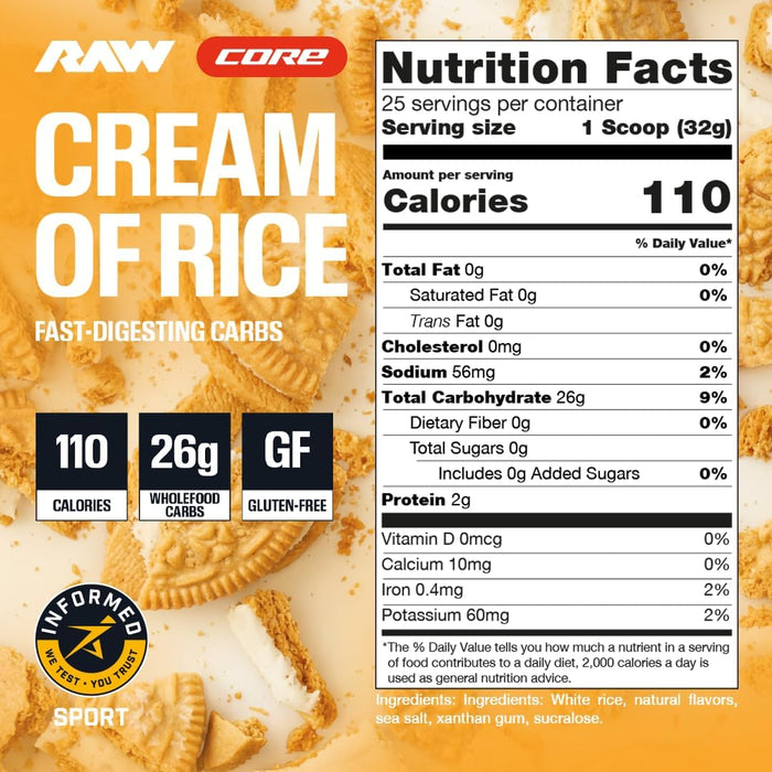 RAW Nutrition Cream of Rice Vanilla Cookie Cream supplement facts panel displaying serving size, nutrition information, ingredients, preparation instructions, and carbohydrate content.