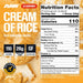 RAW Nutrition Cream of Rice Vanilla Cookie Cream supplement facts panel displaying serving size, nutrition information, ingredients, preparation instructions, and carbohydrate content.