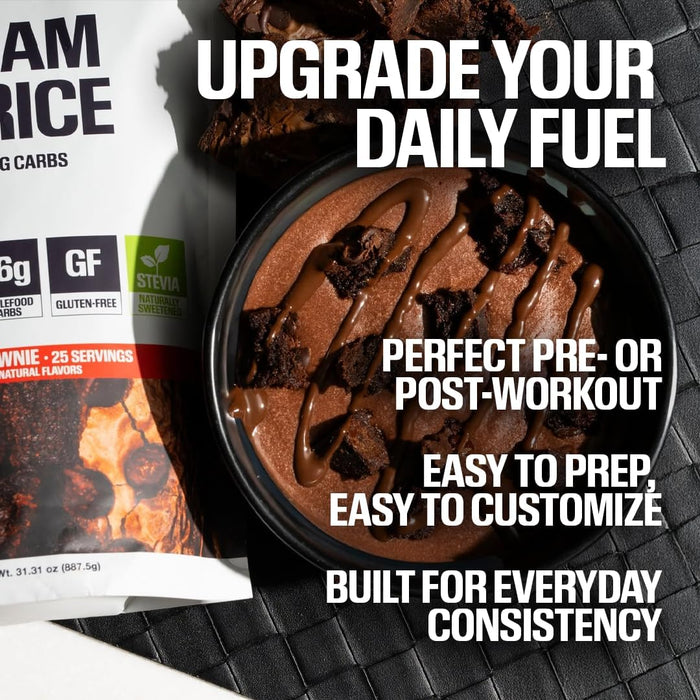 RAW Nutrition Cream of Rice lifestyle image featuring Double Fudge Brownie flavor prepared as a rich chocolate rice bowl topped with brownie pieces and chocolate drizzle. Promotional graphic highlighting fast-digesting carbohydrates, pre- and post-workout nutrition, easy preparation, customizable meals, and everyday performance fueling.