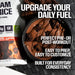 RAW Nutrition Cream of Rice lifestyle image featuring Double Fudge Brownie flavor prepared as a rich chocolate rice bowl topped with brownie pieces and chocolate drizzle. Promotional graphic highlighting fast-digesting carbohydrates, pre- and post-workout nutrition, easy preparation, customizable meals, and everyday performance fueling.