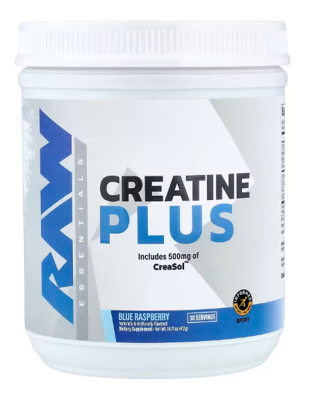 RAW Nutrition Creatine Plus Blue Raspberry creatine HMB supplement tub