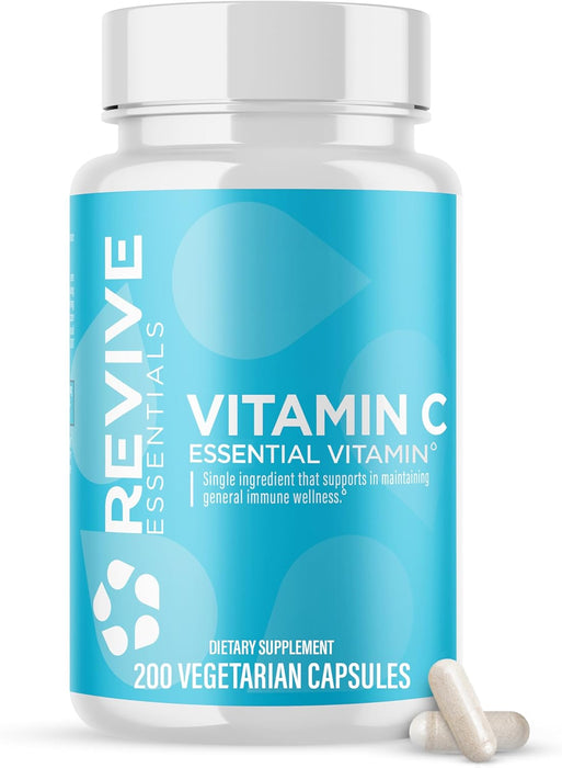Revive MD Vitamin C dietary supplement bottle for immune and antioxidant support 200 Vegetarian Capsules