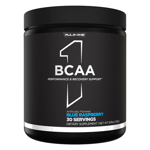 R1 BCAAs Blue Raspberry branched-chain amino acids supplement front label 30 Servings 