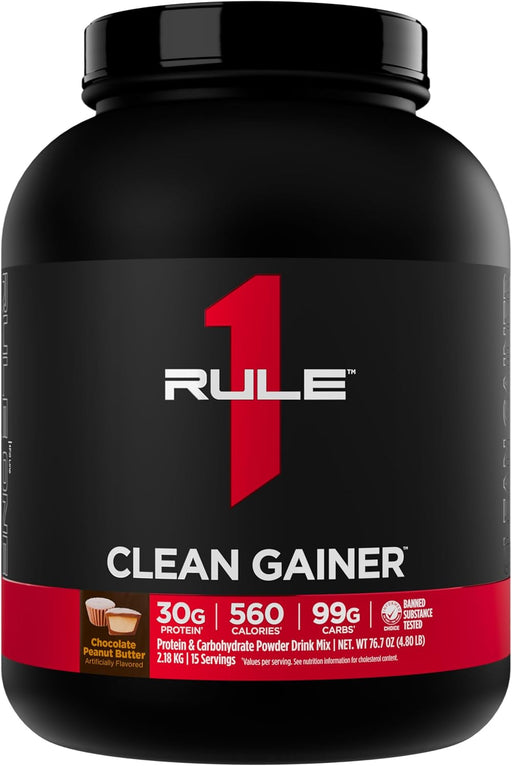Rule 1 Clean Gainer lean mass weight gainer protein powder front label Chocolae Peanut butter 15 Servings
