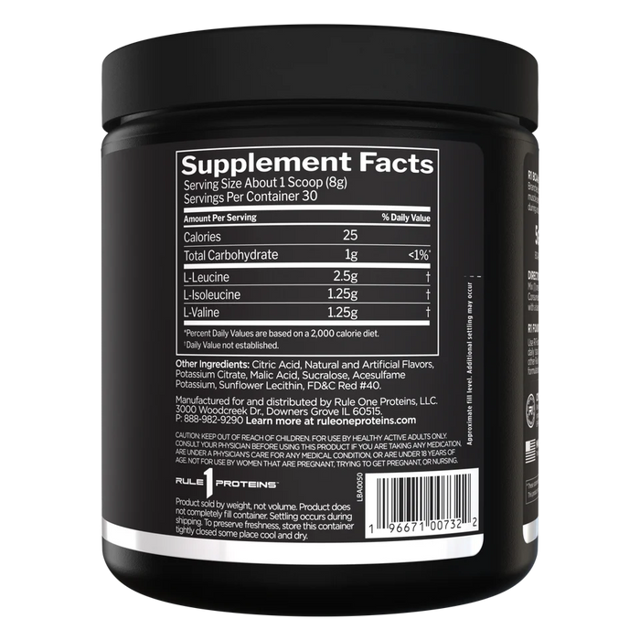 R1 BCAAs Fruit Punch supplement facts panel displaying branched-chain amino acids 30 Servings