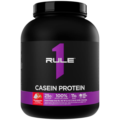 Rule One Casein Strawberries & Creme 4 lb slow digesting casein protein powder front label