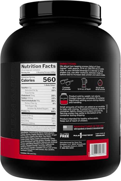 Rule 1 Clean Gainer supplement facts panel showing calories protein and carbs 15 Servings, Chocolate Peanut Butter