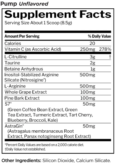 Rule One Pump supplement facts panel for non-stim nitric oxide support, unflavored