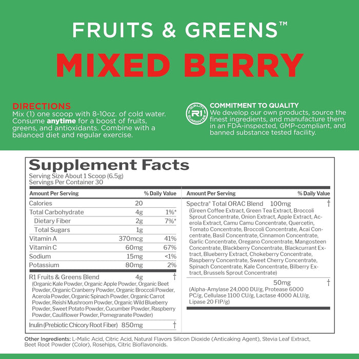Rule One Fruits & Greens + Antioxidants supplement facts showing fruits, greens, antioxidants, and digestive enzymes
