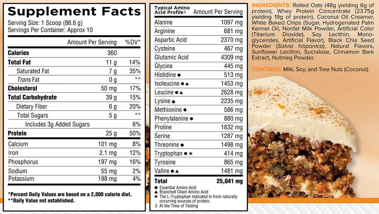 Core Oats & Whey Carrot Cake supplement facts panel