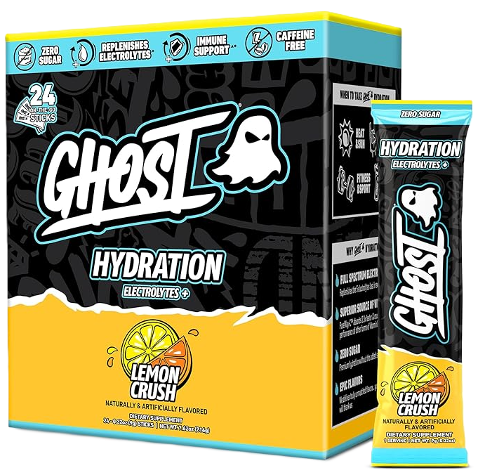 GHOST Hydration Sticks, 24 Electrolyte Powder Packets Lemon Crush