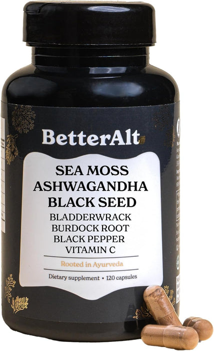 BetterAlt Sea Moss, Ashwagandha, Black Seed 6-in-1 Wellness Supplement – 120 Capsules Front 
