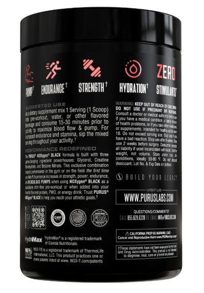 Purus Labs NOxygen Black | Nitric Oxide Pump & Performance Amplifier