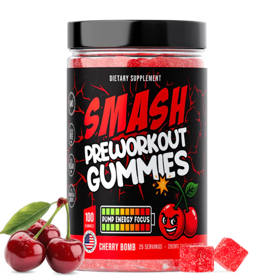SMASH Pre-Workout Gummies energy and focus supplement bottle for workout performance