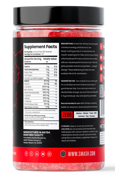 SMASH Pre-Workout Gummies nutrition panel with ingredient breakdown and serving details