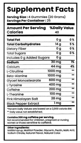SMASH Pre-Workout Gummies supplement facts label showing ingredients and energy formula