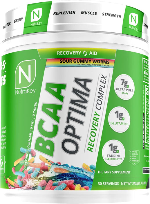 NutraKey BCAA Optima Sour Gummy Worms – Branched-Chain Amino Acid Drink for Hydration and Muscle Repair