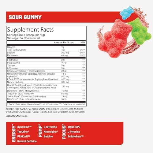 Jocko Fuel Pro Series Pre-Workout Sour Gummy Supplement Facts panel with ingredient profile, serving size, and directions.