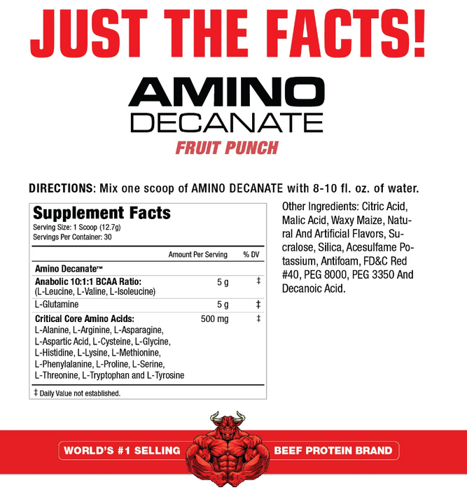 MuscleMeds Amino Decanate Supplement Facts & Ingredients Label 30 Servings, Fruit Punch | Tigerfitness.com