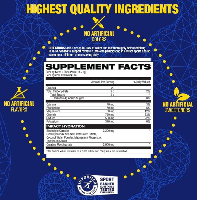 MHP Impact Hydration Stick Packs Supplement Facts & Ingredients Label - Lemon Lime 14 Packs | Tigerfitness.com