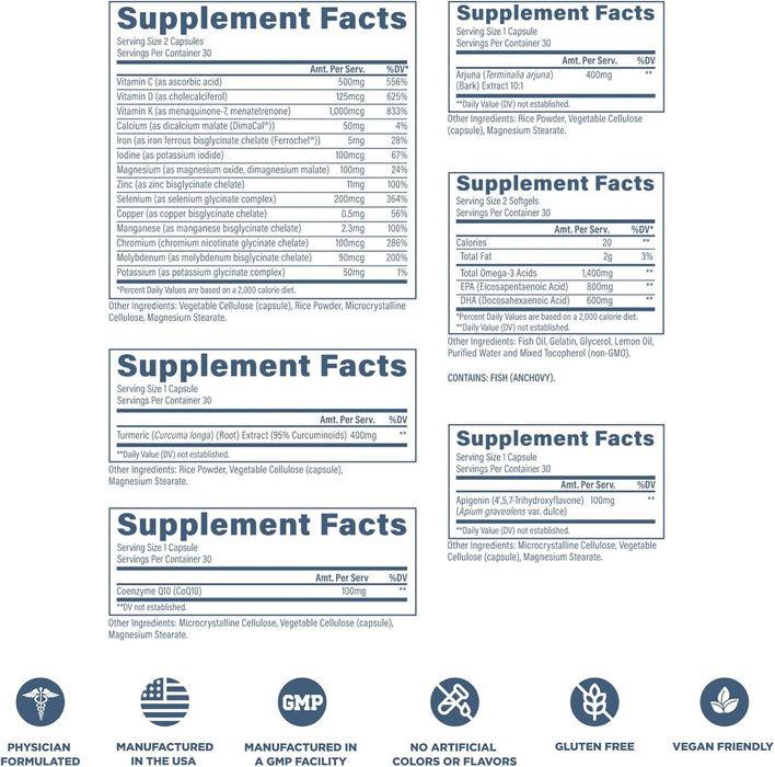 Revive MD Essential 30 Vitamin Packs Supplement Facts showing vitamins, minerals, Arjuna, and Turmeric extract per serving.