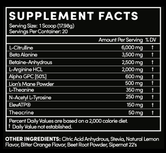 Thentic Non-Stim Pre-Workout supplement facts label showing ingredient breakdown and serving details