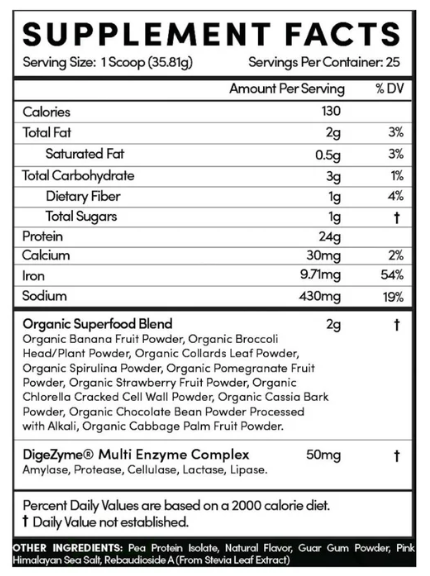 Thentic Plant Protein supplement facts label showing protein content and ingredient breakdown