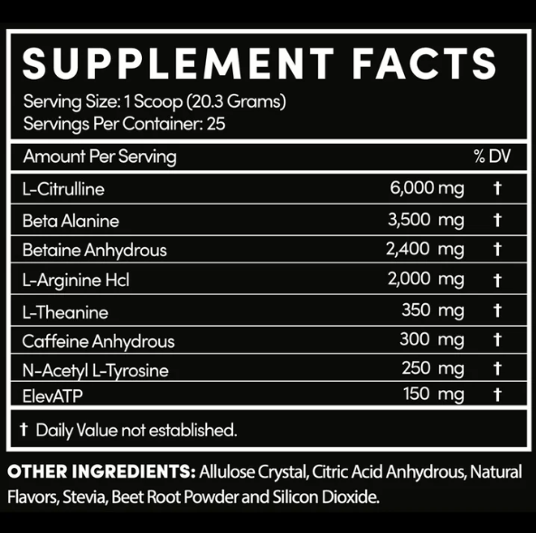 Thentic Pre-Workout supplement facts label showing ingredients and serving details