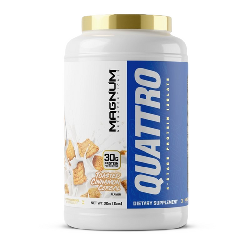 Magnum Quattro 2lb Toasted Cinnamon Cereal 4-Stage Protein Isolate Blend Front Label – TigerFitness.com