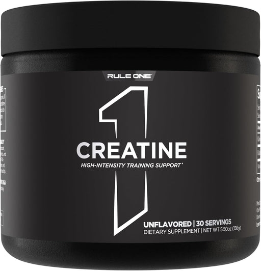 Rule 1 Creatine micronized creatine monohydrate supplement front label 30 Servings, Unflavored