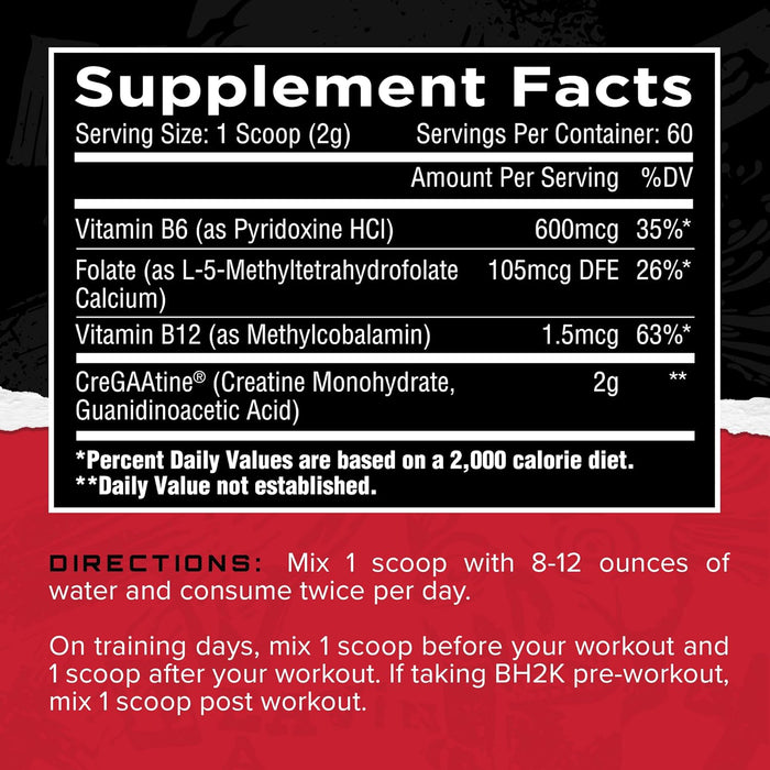 Unmatched Nutrition CreGAAtine supplement facts label showing creatine monohydrate and GAA 60 Servings 