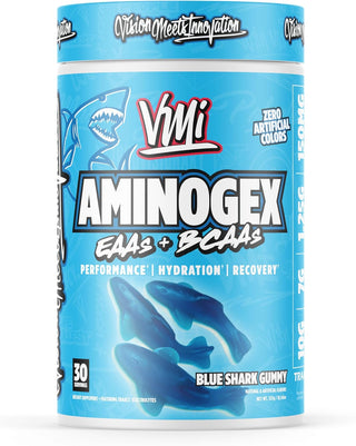 VMI Sports Aminogex Ultra amino acid hydration powder front 30 Servings, Blue Shark Gummy
